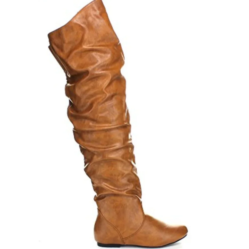 🧡 Over-the-Knee Slouchy Flat Boot – Tan Faux Leather • Pull-On • Elastic Gusset